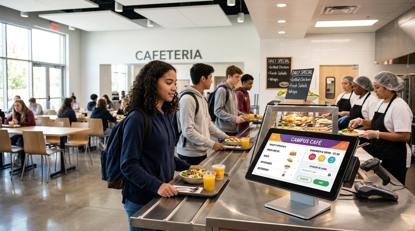 Modern school cafeteria with MiMeals POS terminal serving students